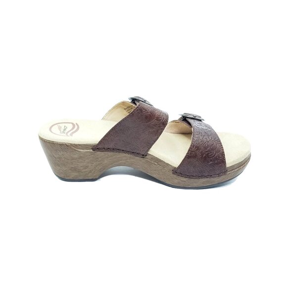 Dansko Sophie Slide Sandal Wedge Brown Embossed Leather Double Buckle Womens 8.5 - Picture 2 of 10